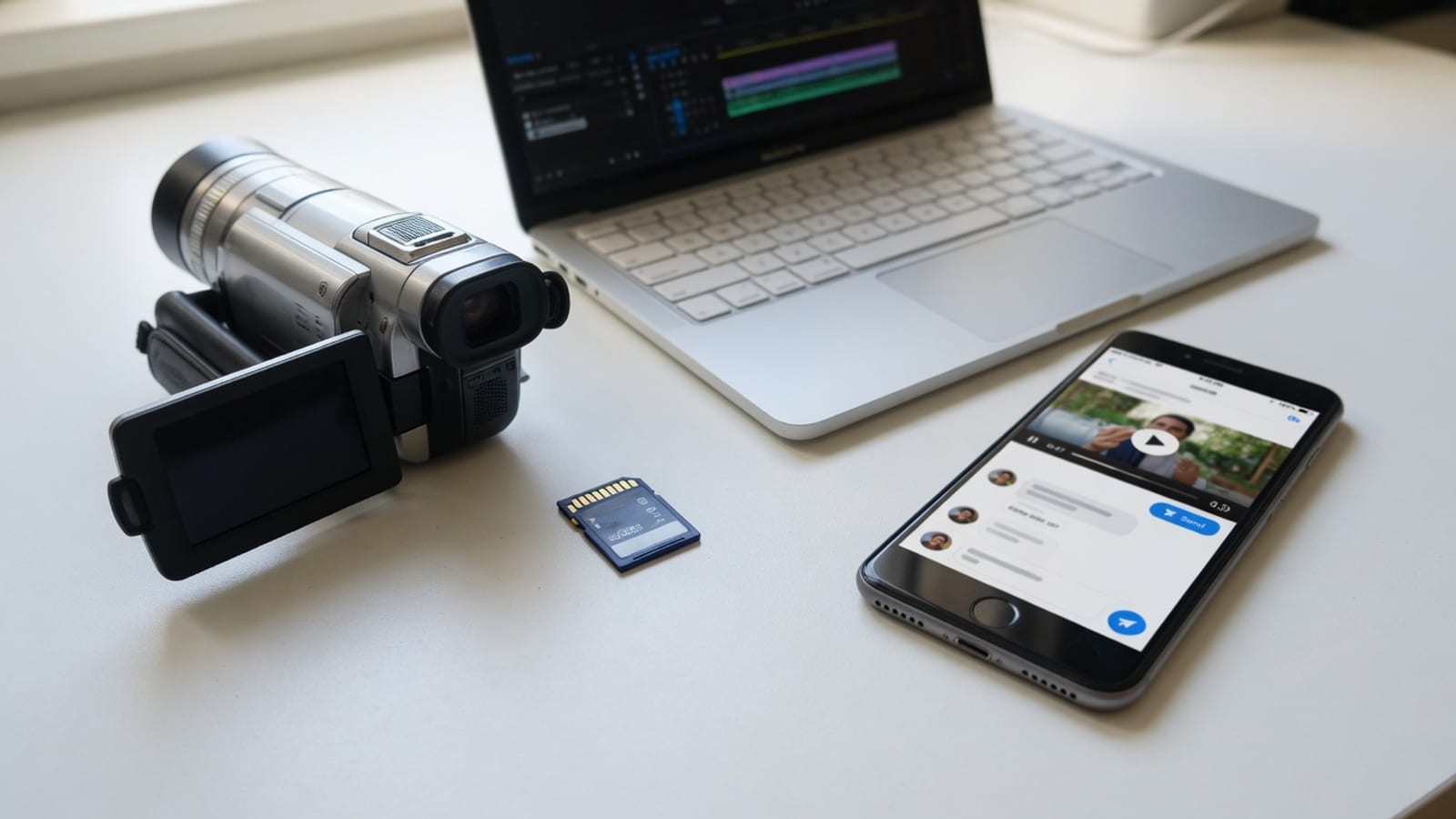 Camera footage on a desk next to a phone ready to send a smaller shared clip