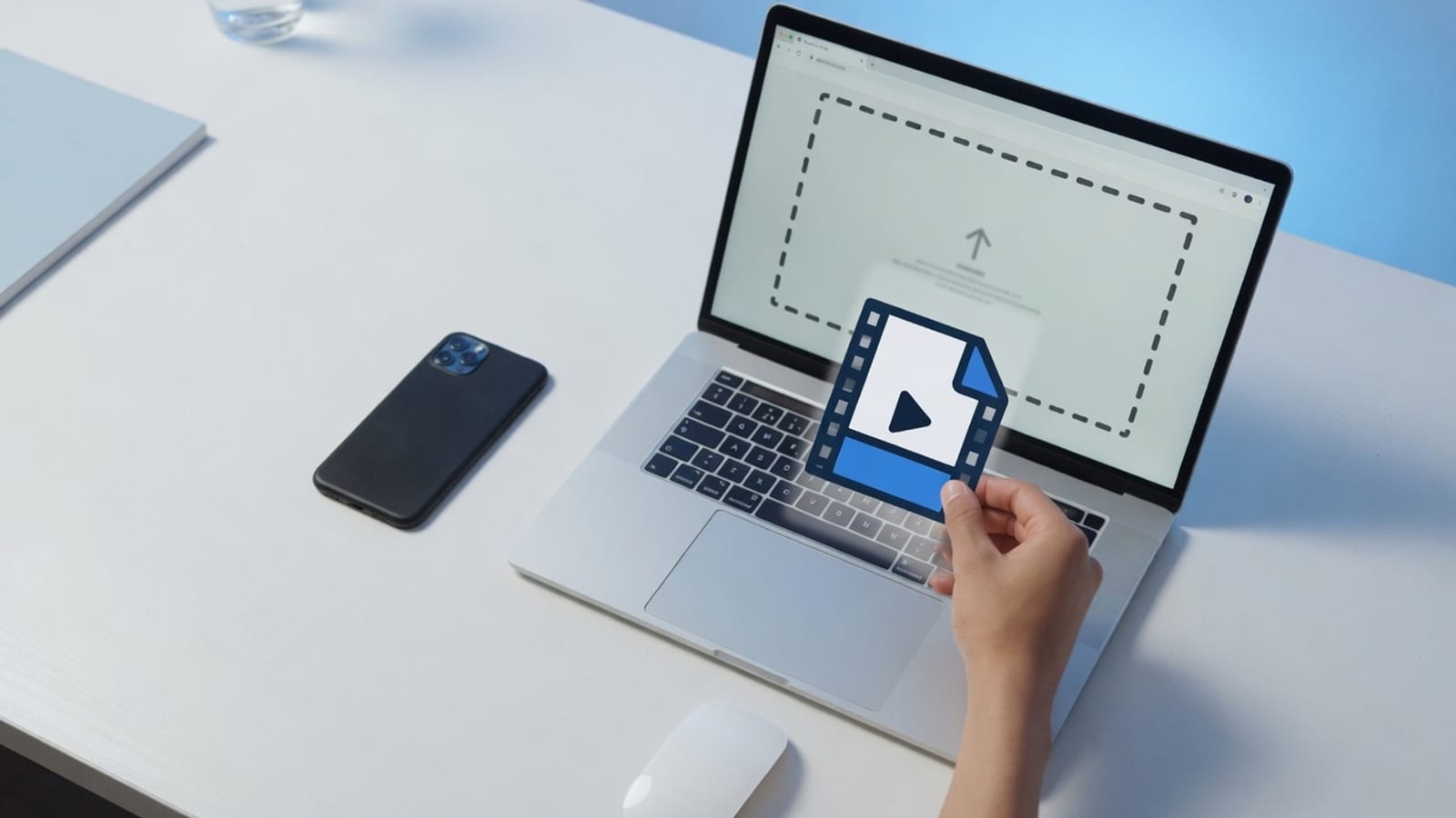 Hand dropping a local video file onto a browser compressor with a dashed drop zone on a laptop