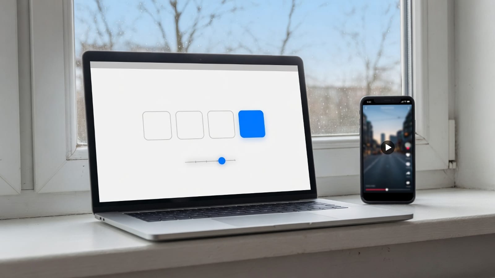Laptop showing unlabeled size chips with one bright blue target selected beside a phone ready to send a clip